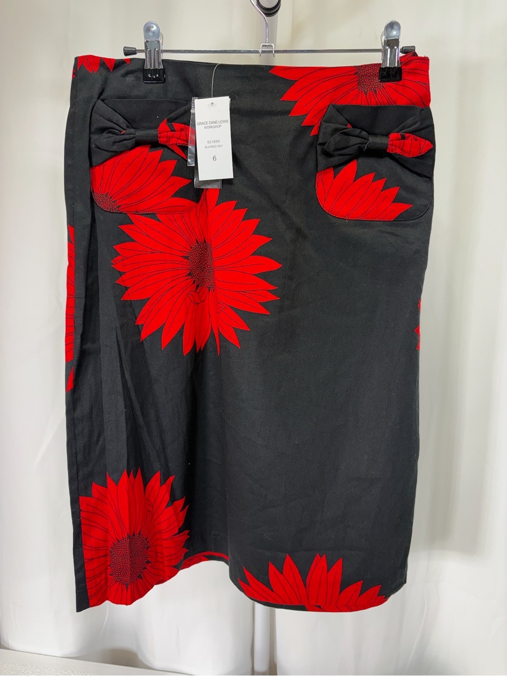 Black Pencil Skirt with Red Floral Print and Bow Details 3644